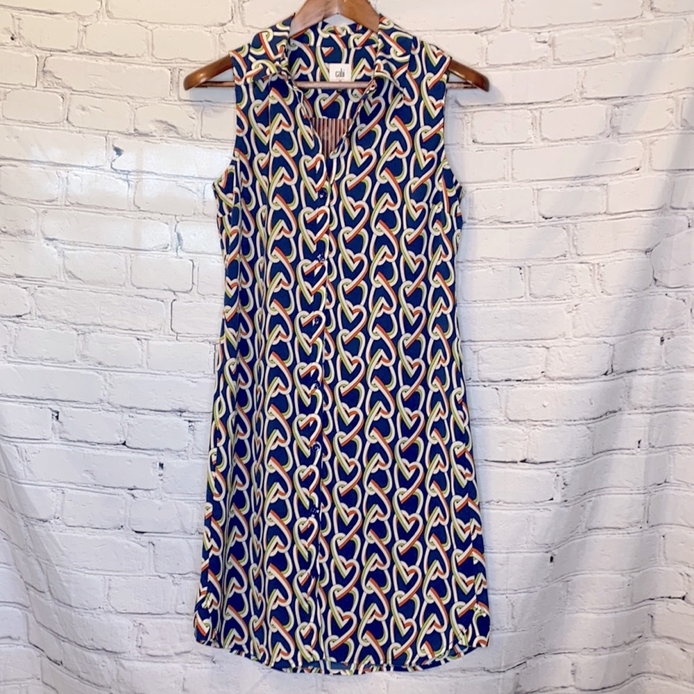 Cabi Blue Amour Heart Chain Button Down Sleeveless Collared Shirt Dress Size XS